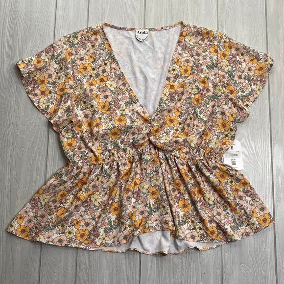 Arula Women's Ivory Yellow Peach Floral V Neckline Peplum Blouse Size 2X - Picture 1 of 8